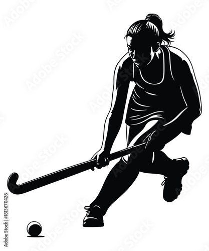 Dynamic silhouette of a female field hockey player in action with stick and ball
