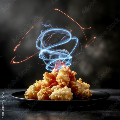 Crispy Shrimp Tempura with Blue Plasma Light Trails and Smoke on Black Plate