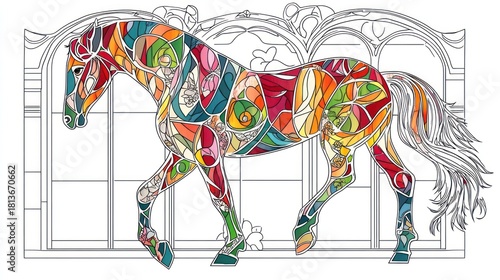 Colorful horse illustration, stained glass style, decorative window background, coloring page, printable art