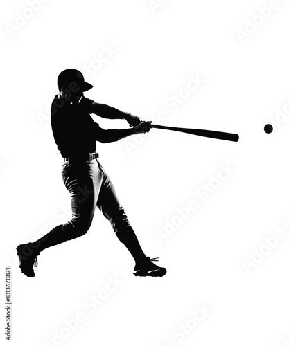 Dynamic silhouette of a baseball player swinging a bat at a ball in mid air