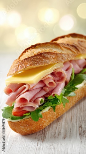 Hearty Ham and Cheese Sandwich on Crusty Baguette with Fresh Greens and Soft Bokeh Background