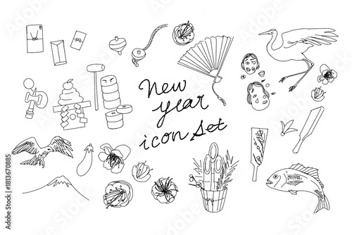 新年のシンプルな手描きベクターアイコンセット