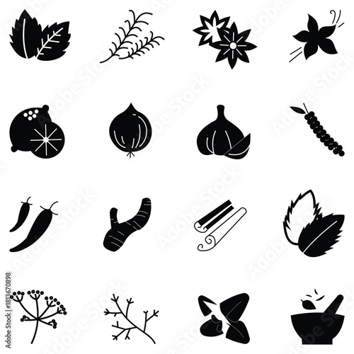 Herbal and Wellness Icon Set – Minimal Flat Vector Symbols of Spa Elements, Aromatic Herbs, and Flavor Profiles