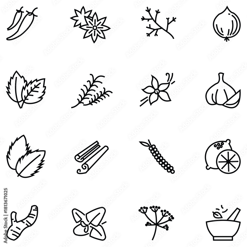 Naklejka premium Herbal and Wellness Icon Set – Minimal Flat Vector Symbols of Spa Elements, Aromatic Herbs, and Flavor Profiles