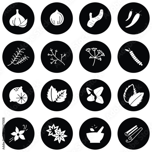 Herbal and Wellness Icon Set – Minimal Flat Vector Symbols of Spa Elements, Aromatic Herbs, and Flavor Profiles