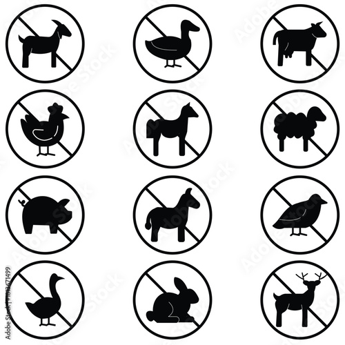 No Animal Products Icons Set – Abstain Meat, No Birds, No Animals, Linear & Flat Vector Pictograms for Web and Mobile