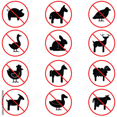 No Animal Products Icons Set – Abstain Meat, No Birds, No Animals, Linear & Flat Vector Pictograms for Web and Mobile