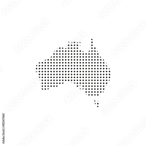 Australia halftone map vector with dotted continent silhouette, modern black dot pattern outline, minimal geographic abstract design for posters, prints, and infographics