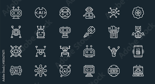 Collection of artificial intelligence robot icons on dark background