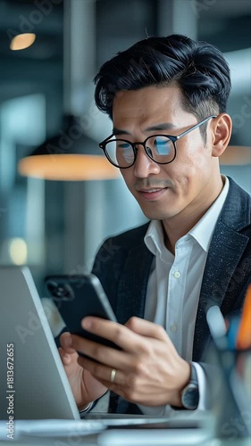 Focused Asian businessman using smartphone and laptop in modern office.