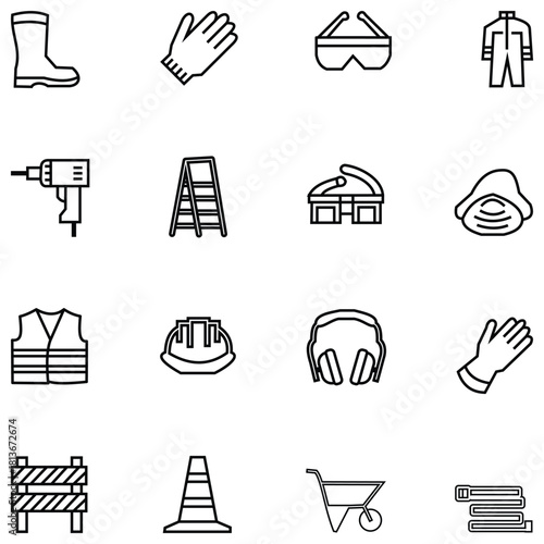 Construction Safety Gear Icons Set – High Visibility Vests, Helmets, Traffic Cones, and Barriers Vector Collection