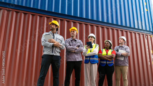 Diverse logistics and engineering team standing confidently in front of shipping containers. Concept of teamwork, global trade, industry, and supply chain management