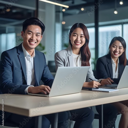 Smiling Asian Business Professionals Working Together in Modern Office.