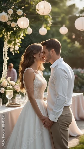 Romantic Wedding Celebration - Couple Holding Hands at Outdoor Reception with Lanterns.