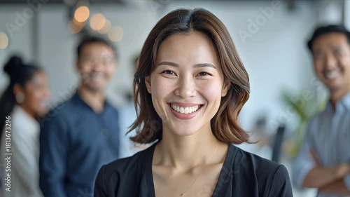 Smiling Asian Businesswoman Leading Her Diverse Team in a Modern Office.