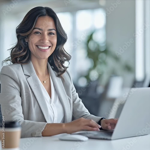 Smiling Businesswoman Working on Laptop in Modern Office Environment.