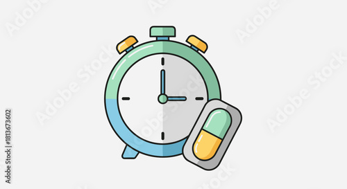 Colorful illustration of a clock next to a pill blister pack
