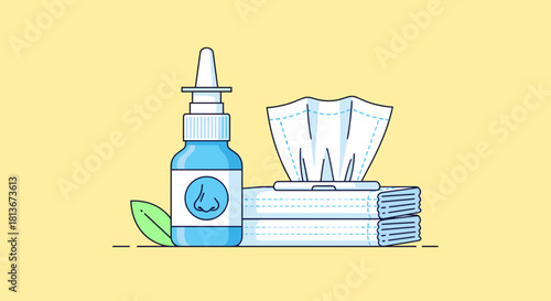 Nasal spray bottle and tissues, healthcare products, allergy relief concept, copy space