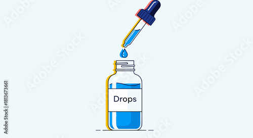 Dropper dispensing liquid, blue drops, medical concept, healthcare, copy space