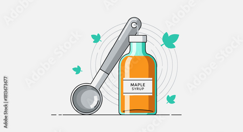 Illustration of a maple syrup bottle with a measuring spoon and leaves