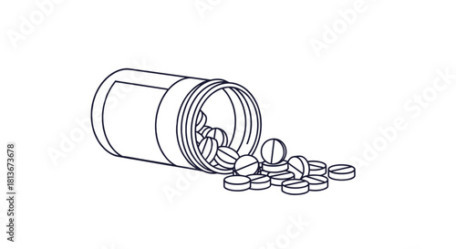 Outline illustration of a pill bottle with spilled capsules