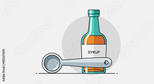 Illustration of a syrup bottle with a measuring spoon