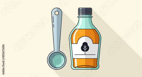 syrup bottle with a measuring spoon on a light background with copy space