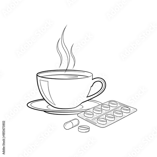 Cup of steaming tea next to a blister pack of pills, wellness illustration, line art design