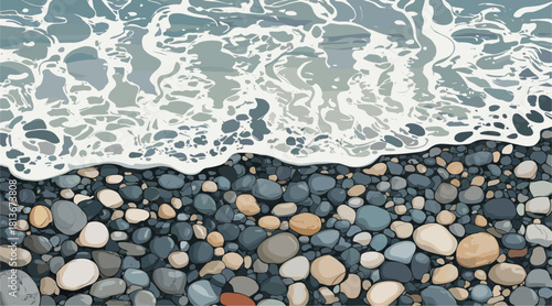 Digital illustration of a rocky beach with white-capped waves and smooth river stones, muted blues and grays, serene coastal scene, clean modern style, perfect for nature and travel designs