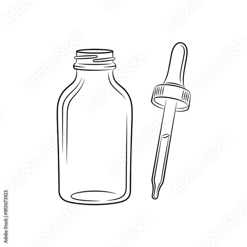 Empty medicine bottle with dropper, simple design, line art illustration, copy space