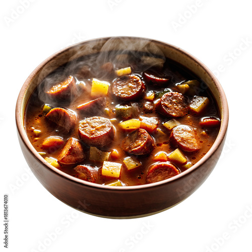 Hearty Goulash Soup with Sliced Sausage and Potatoes in a Rustic Bowl with Steam Rising Isolated on Black Background