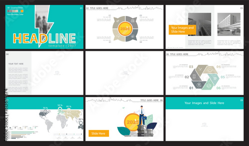 Business presentation design templates, green and black elements on white background. Businessman with finances for 2026. Use in flyers, powerpoint, infographics, annual report. Vector illustration
