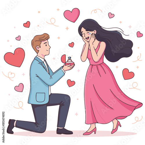 Black Silhouette of Man Kneeling to Propose to Surprised Woman with Diamond Ring and Floating Hearts