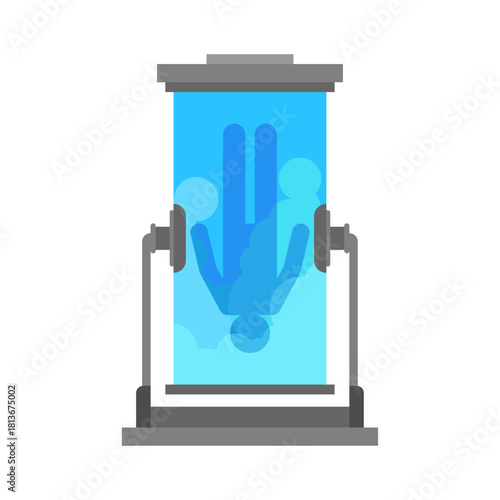 Cryogenic chamber filled with glowing blue liquid, representing advanced medical technology, freezing, and sci-fi preservation