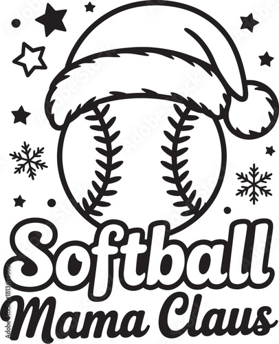 Softball Mama Claus Christmas Design – Santa Hat Softball Ball with Stars and Snowflakes – Holiday Sports Mom Vector
