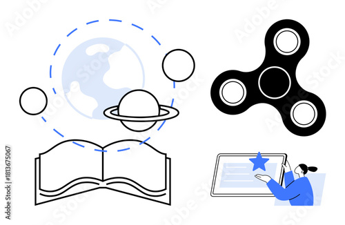 Open book, planet and Earth orbit connections, fidget spinner for focus, figure interacting with tablet. Ideal for education, science, focus, creativity learning technology exploration. Simple