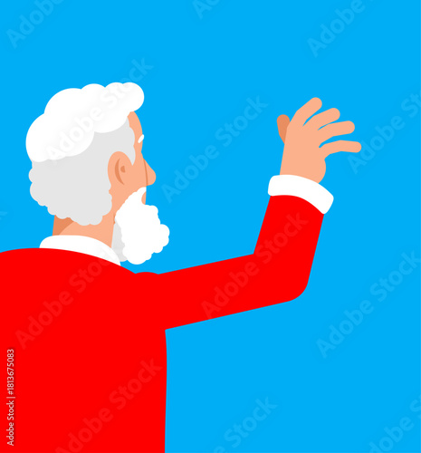 Santa Claus waving with one hand, seen from the back, symbolizing holiday cheer, winter celebration, and festive Christmas spirit.