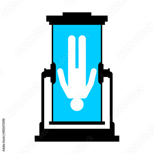 Cryogenic Pod holding a suspended body with a downward-positioned hand, symbolizing sci-fi technology and preservation.