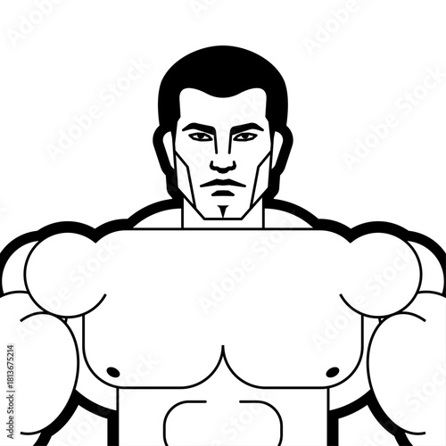 Linear portrait drawing of a bodybuilder, emphasizing strength, muscular definition, and artistic athletic illustration.