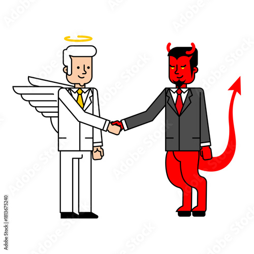 Balance and compromise concept. Angel (good) shaking hands with a demon (evil), symbolizing negotiation between opposing forces and moral dilemma.