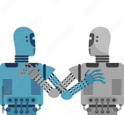 AI cooperation and business partnership concept. Two humanoid robots shaking hands, symbolizing future technology, collaboration, and trust.