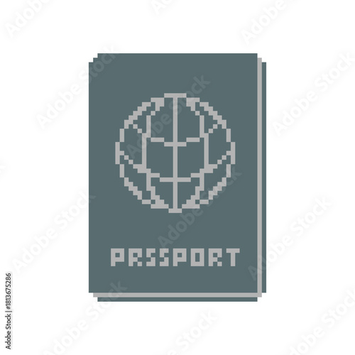 Retro pixel art passport document. Minimalist 8-bit or 16-bit style icon for concepts of identity, journey, and gaming interface.