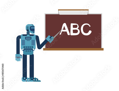 Robot teacher or professor writing on a blackboard. AI education, futuristic learning, and technology integration in school or academic concept.