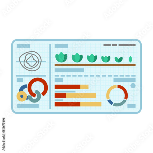 Digital dashboard or management panel interface with charts and data. Business analytics, system control, finance, or modern software concept.