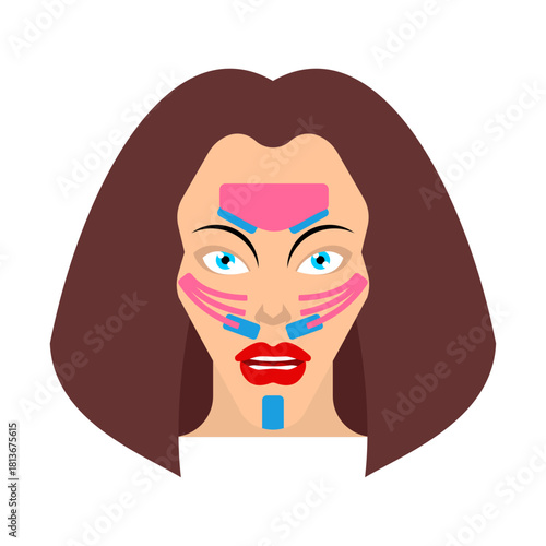 Woman with kinesiology facial tape applied for lifting and cosmetology. Concept for non-surgical face lift, beauty, skincare, and modern aesthetic procedure.