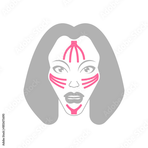Woman wearing a kinesiology facial tape mask for beauty and lifting. Concept for non-surgical face lift, skincare, cosmetology, and aesthetic procedure.