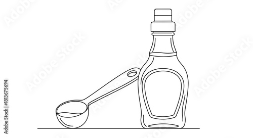 Cough syrup bottle and measuring spoon, cold remedy concept, healthcare, copy space