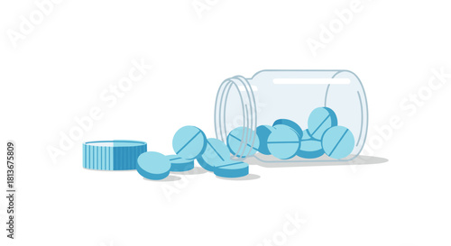 blue pills spilling from a jar on white background with copy space
