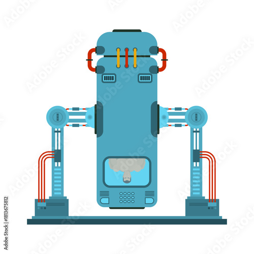 Large, complex cryo chamber or industrial preservation apparatus with pipes and mechanics. Advanced cryogenic storage technology.