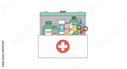 Open first aid box with medical supplies, healthcare concept, emergency response, copy space